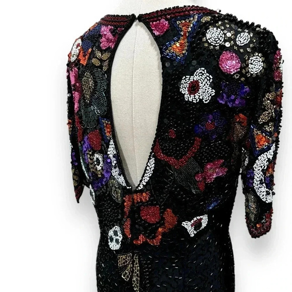 Vintage Retro 80's Silk Hand Beaded Sequin Black Niteline Evening Midi Dress 12 - Picture 11 of 13